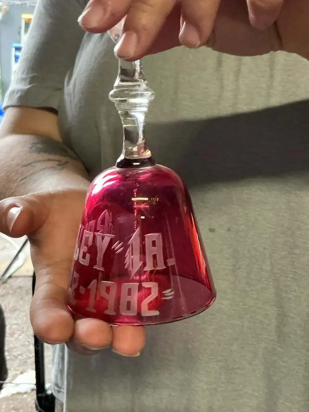 Vintage Centennial Souvenir Cranberry Glass Bell Bagley 1882-1982